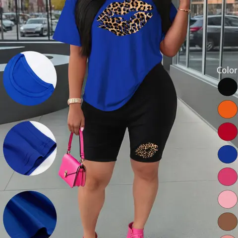 Women's Summer Short-Sleeve T-Shirt & Shorts Set, Athleisure Summer Clothes, Athleisure Sportswear, Sporty Graphics Lip Print, Women's Casual Simple Versatile Outdoor Sport Two-Piece Set, Activewear