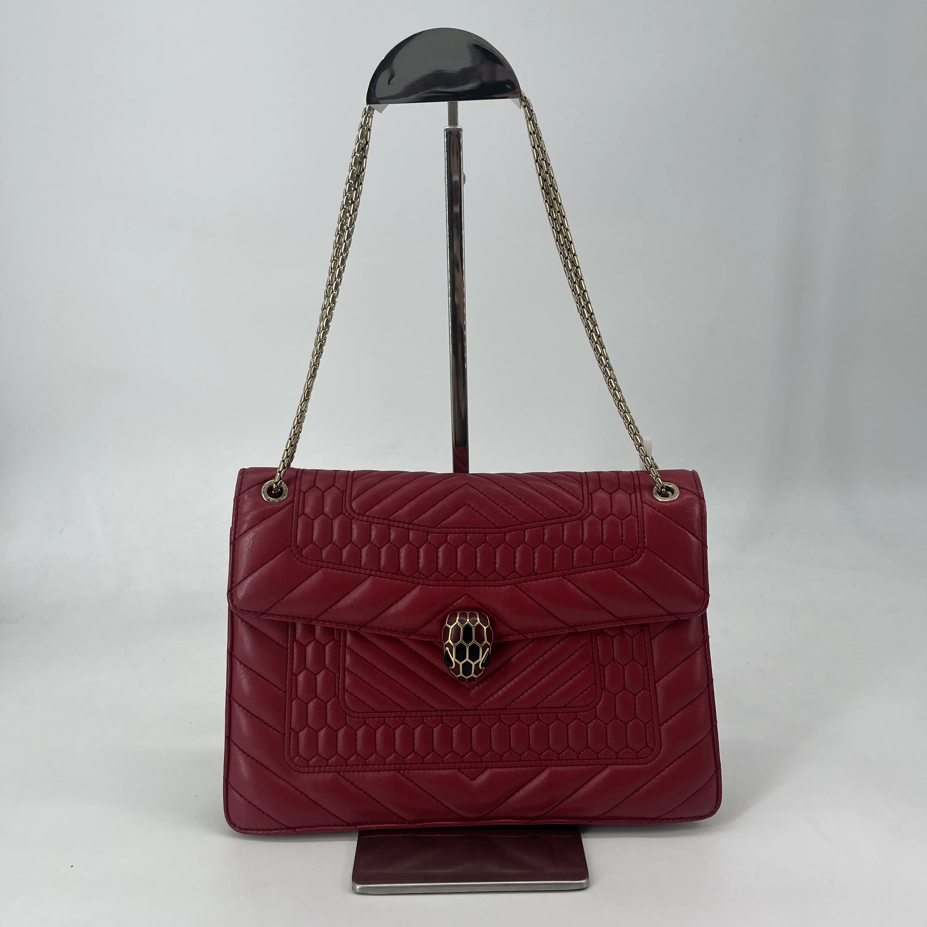 Pre-owned Bvlgari Lambskin  Chain Crossbody Bag Serpenti Forever Medium Quilted Chain Bag Shoulder Bag, Convertible for Shoulder or Crossbody, Rosso Fuoco Red, Black Onyx Eyes, Card Slots