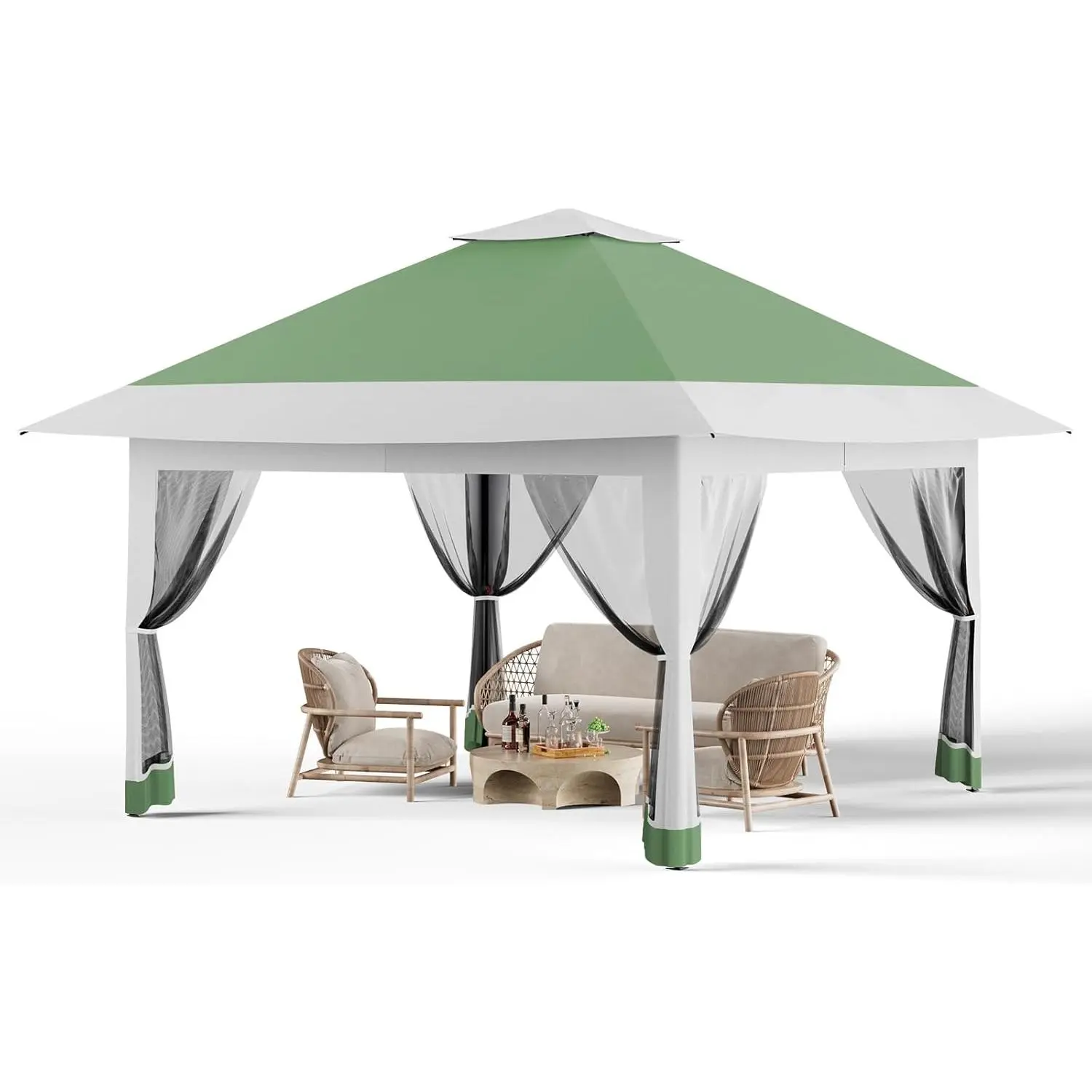12x12 Instant Outdoor Shade Canopy Tent - Patio Furniture with 4 Sandbags, Double Tiers, Mesh Netting for Lawn, Garden, Backyard (Khaki),summerwins