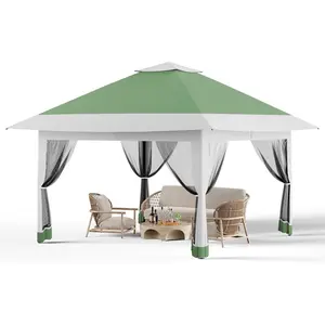 12x12 Pop Up Gazebo Outdoor Canopy Tent - Outdoor Canopy Shelter with 4 Sandbags, Double Tiers, Mesh Netting for Lawn, Garden, Backyard Khaki Patio Furniture,summervibes