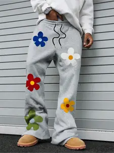 Colorful Floral Flower Patch, Grey, Black Wide-Leg Sweatpants, Y2K Aesthetic Streetwear, Oversized Baggy Fit, Soft Comfortable Fabric, Trendy Fun Graphic Bottoms, TikTok Viral Casual Pants