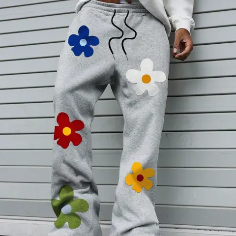 Colorful Floral Patch, Grey, Black Wide-Leg Sweatpants, Y2K Aesthetic Streetwear, Casual Streetwear, Oversized Baggy Fit, Soft Comfortable Fabric, Casual Comfy Trousers