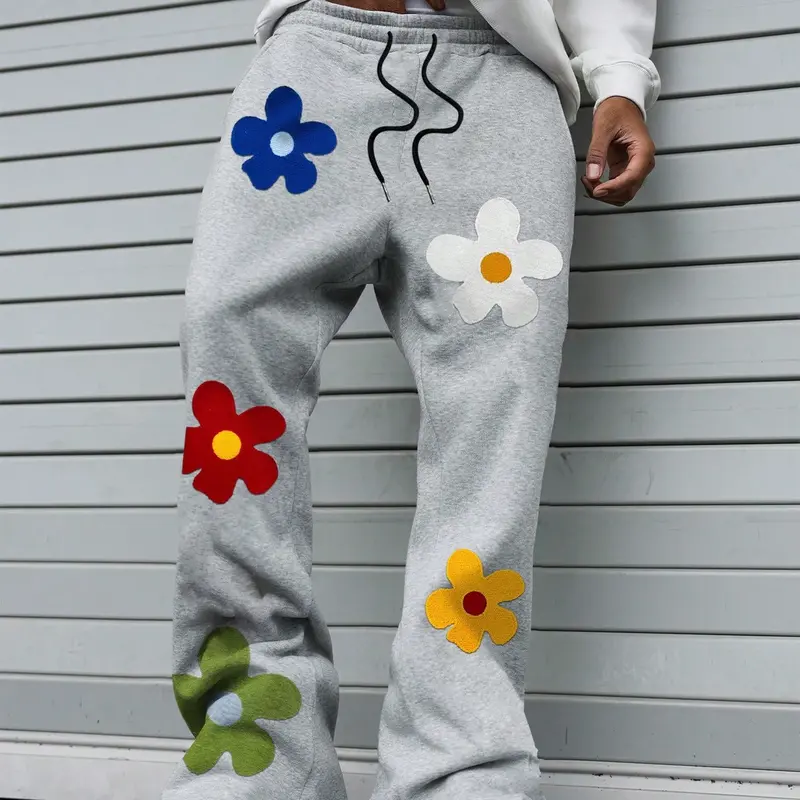 Colorful Floral Patch, Grey, Black Wide-Leg Sweatpants, Y2K Aesthetic Streetwear, Casual Streetwear, Oversized Baggy Fit, Soft Comfortable Fabric, Casual Comfy Trousers