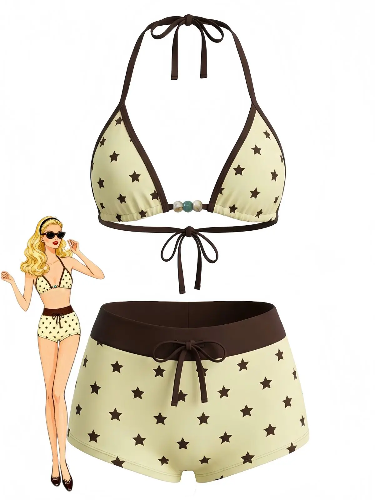 RETRO STAGE Women's 1950s Star Print Halter Bikini Set, Retro Mid-Rise Bathing Suit with Beaded Tie and Removable Padding, Swimsuits Bikinis, Halter Bikini Sets