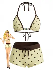 RETRO STAGE Women's 1950s Tie Halter Beaded Star Print 2-Piece Swim Set - Tie Back Bikini, Beach Bathing Suit, Swimsuits Bikinis for Women