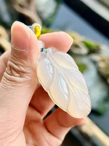 Natural Agate Leaf Pendant Charm, Career Stability, Unisex Daily Wear, Elegant Oriental Style Accessory, Perfect for Parties Commuting