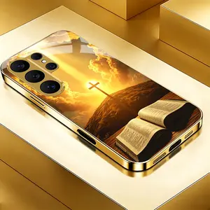 Bible cross pattern phone case for Samsung Galaxy S23/S23 FE/S23+/S23 Ultra/S24/S24 FE/S24 Plus/S24 Ultra/S25/S25 Edge/S25 FE/S25 Plus/S25 Ultra/S26/S26 Plus/S26 Ultra Light luxury gold glass texture phone case