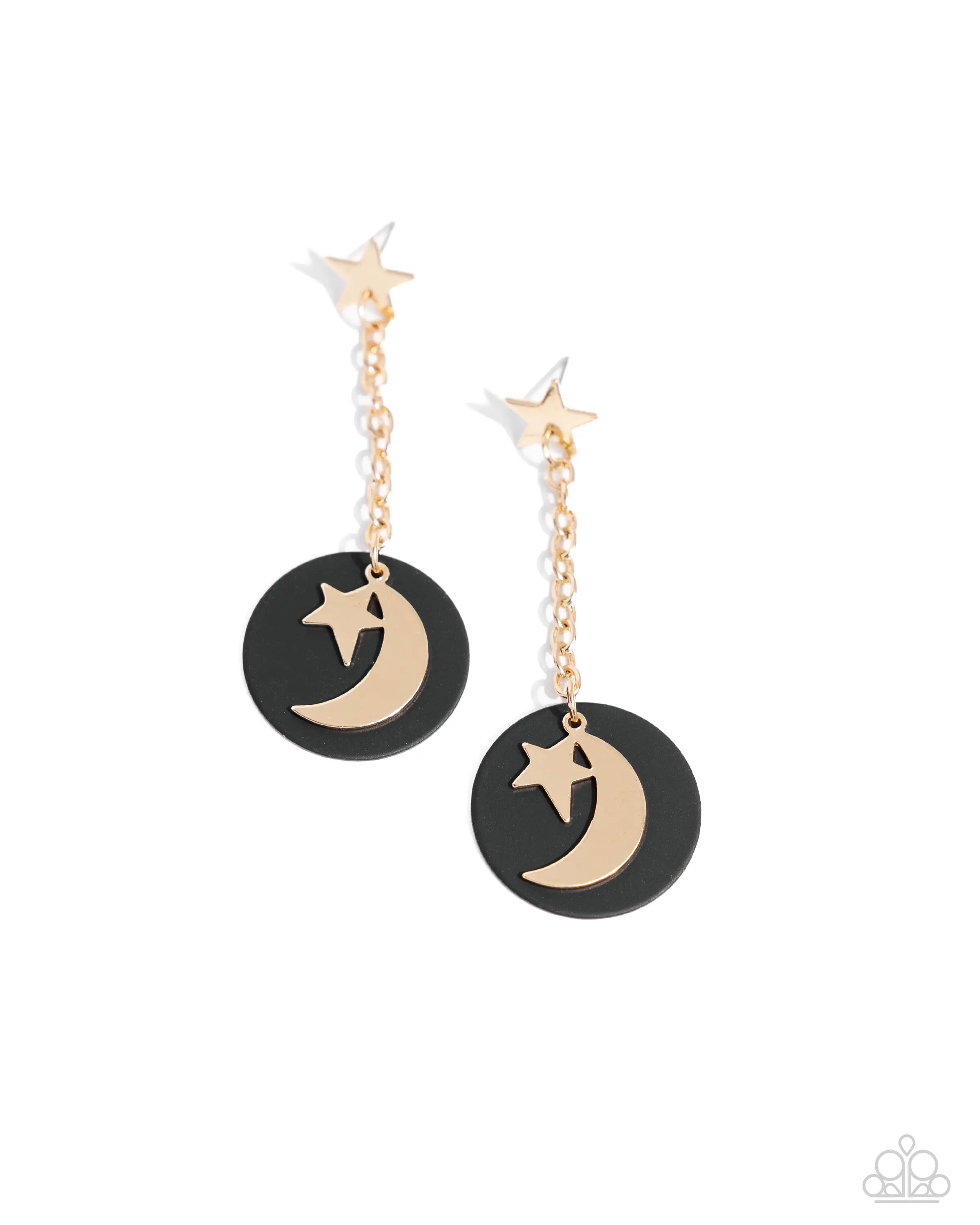 Celestial Change - Post Earrings - Star Post with Chain to Crescent Moon and Star with Painted Disk Background