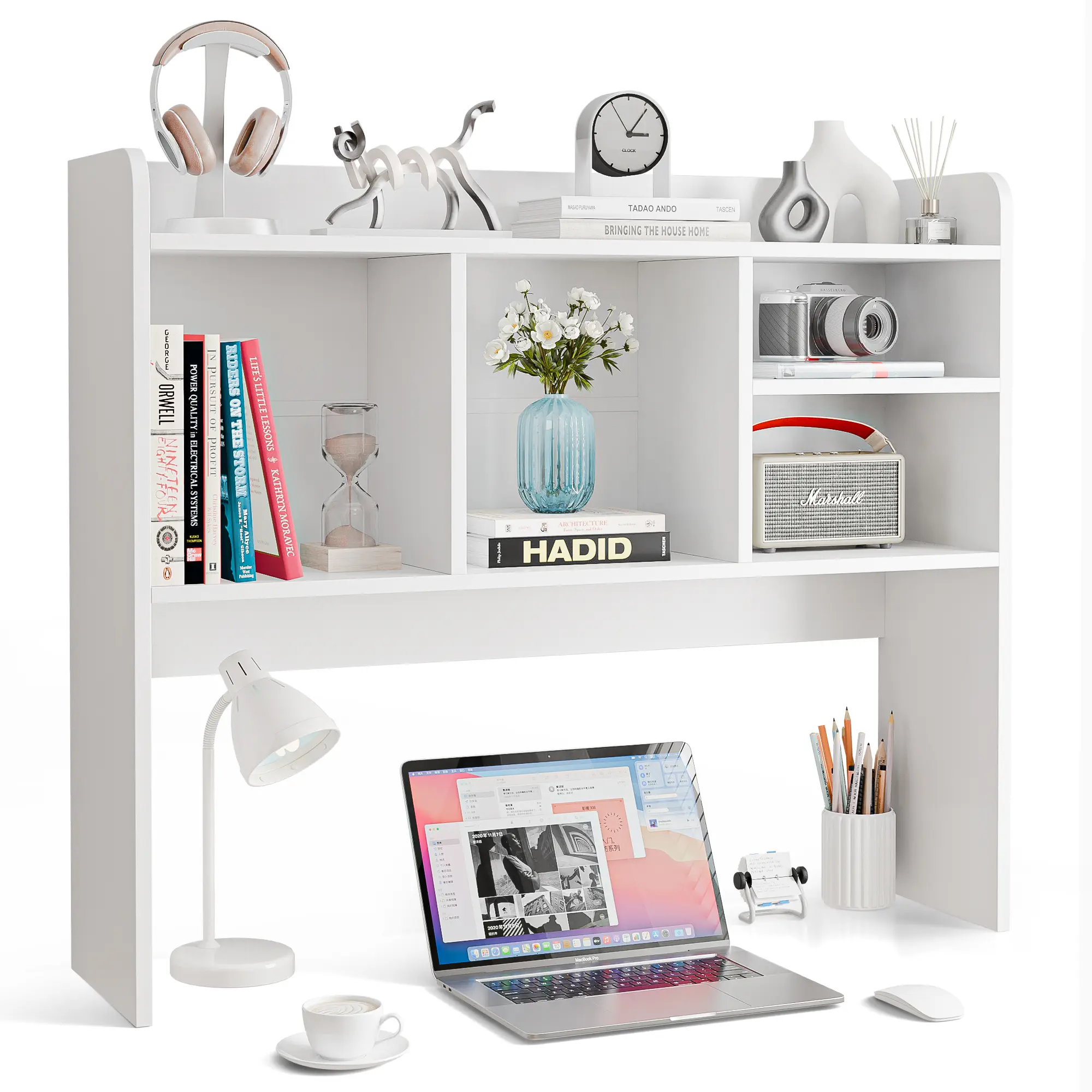 4-Tier Minimalist Modern Wooden Desktop Open Bookshelf - 37x9.5x32in Freestanding Office Furniture Tabletop Organizer for Home Office Desk Storage & Display