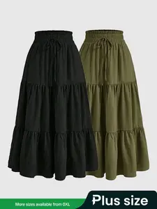 Women's 2 Piece Set, Casual Fitted Long Skirt with Layered Ruffles, Drawstring, Thin Woven Fabric, Lightweight, Plain Pattern, All Seasons Wear