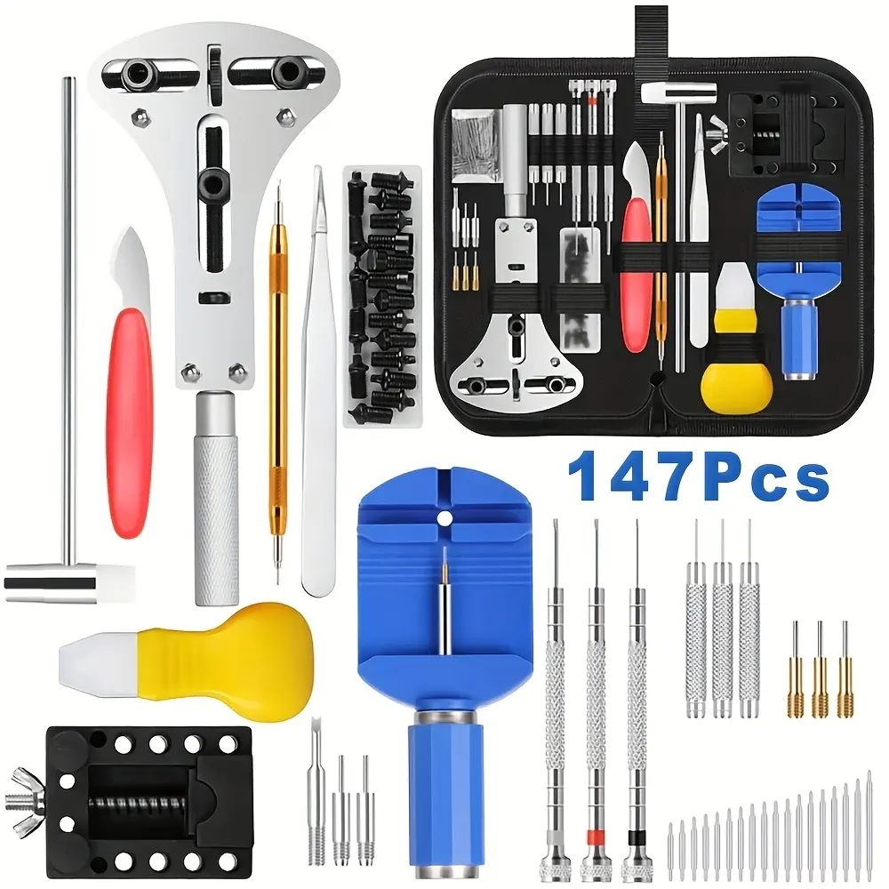 147-Piece Durable and Reliable Professional Watch Repair Kit - Portable & Organized Nylon Case, Adjustable Opener, Scaled Spring Bar Tool, Band Pin Remover, Hammer, Screwdrivers, Tweezers for General Maintenance & Repairs - Perfect Gift for Enthusiasts, 1