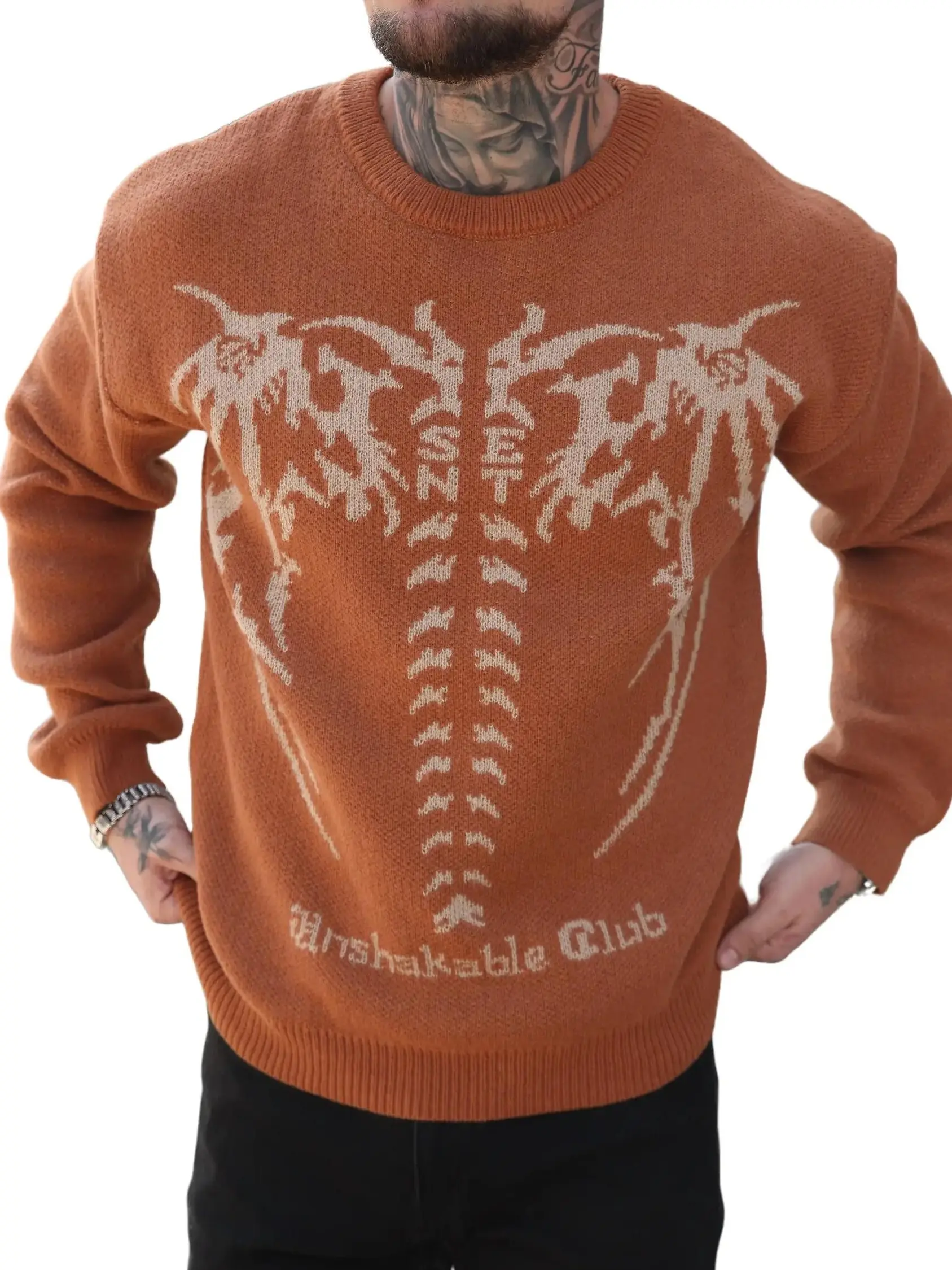 Men's Gothic Streetwear Pullover, Stylish Oversized Acrylic Knit Top with Alphabet Print, Casual Loose Fit