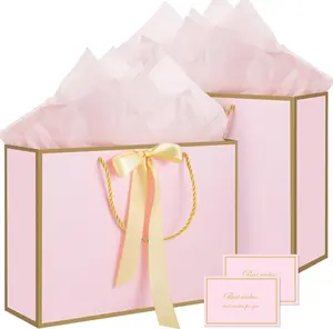 Pink Gift Bags with Handles, 14" Medium Gift Bags with Tissue Paper, 2 Pcs Pink Bags with 4 Tissue Paper and 2 Cards for Baby Shower Wedding Bridal Shower Graduation Birthday Party