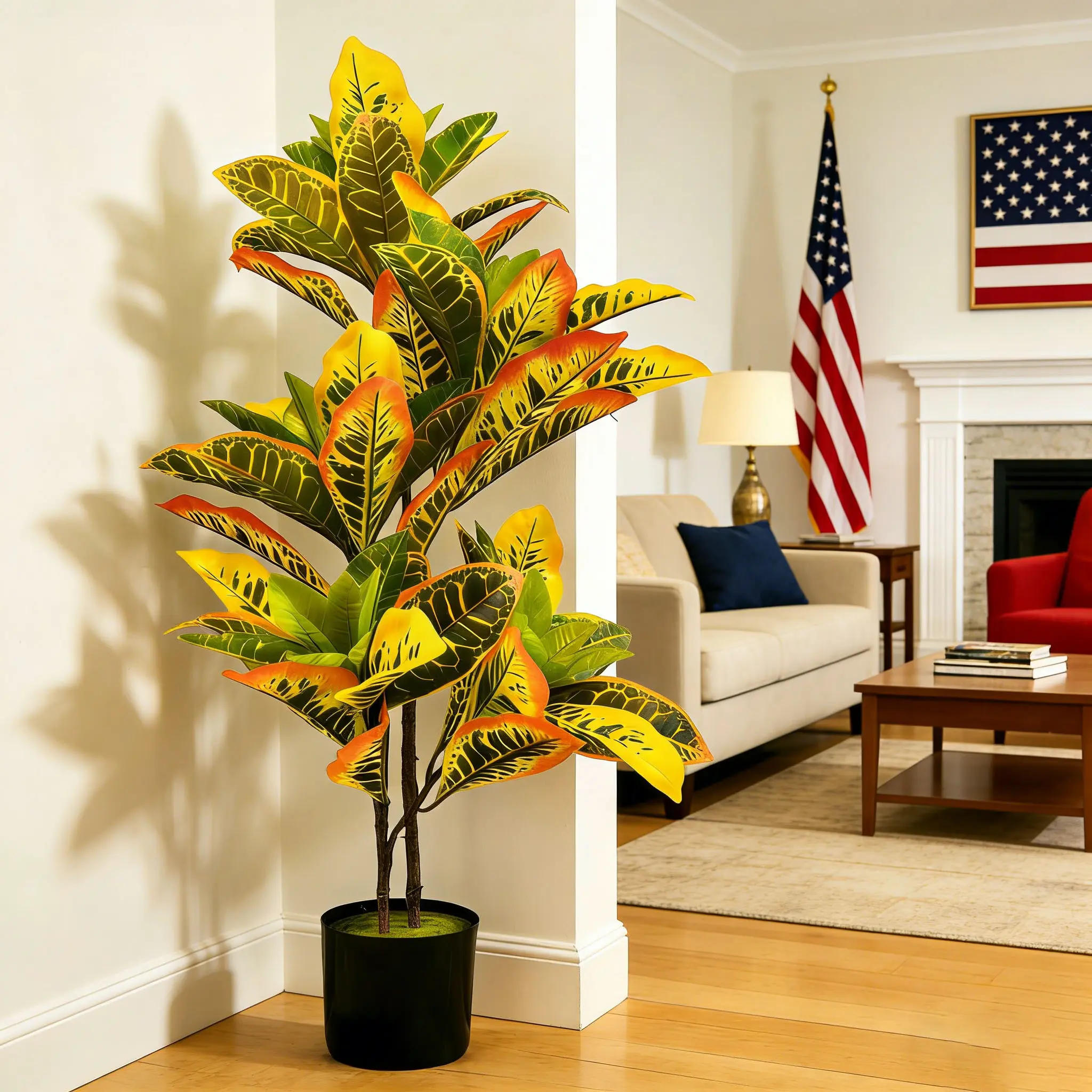 3-Ft Plastic Tropical Artificial Croton Tree Potted Plant - Realistic, Low-Maintenance, Waterproof, Anti-Ultraviolet Decorative Indoor/Outdoor Decor, Ideal for Home, Office, Gift