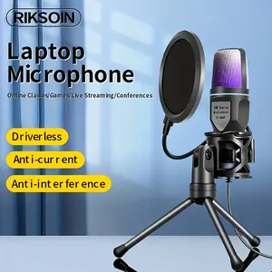 Gaming microphone, USB PC microphone for podcasts and videos, streaming, condenser microphone with quick mute function, tripod, pop filter, RGB indicator lights, shock mount, rotary gain knob, compatible with PS4/5/PC