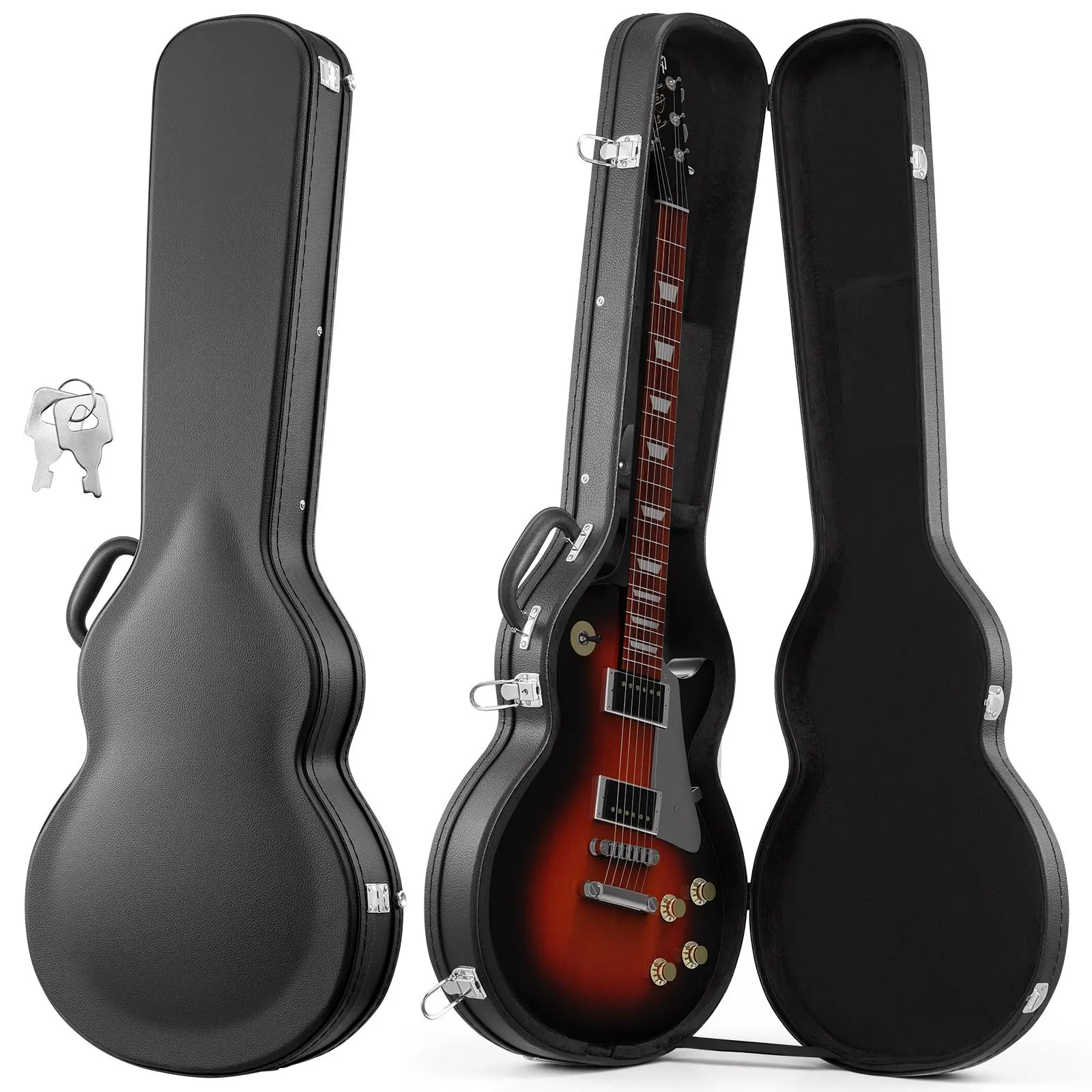 VEVOR Electric Guitar Hard Case - 42.2 in Wooden Hard-Shell Protective Carrying Case for 39 in Les Paul Guitars, Lock Latch, Sponge Lining, Keys, Accessory Storage Compartment, Water-Resistant, Default for Home, Travel, Black, 42.2 Inch