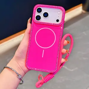 for Magsafe Glitter Diamond Lanyard Case for iPhone 15 16 17 Pro Max Air 14 Plus 11 12 13 Magnetic Hand Wrist Strap Soft Cover