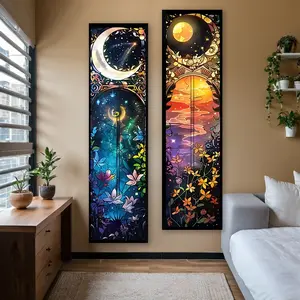 Cosmic Flowers Vertical Banner Tapestry, Durable Decorative Tapestry, Wall Hanging Celestial Night Sky Garden Long Narrow Wall Tapestry Golden Aesthetic Art Tapestries Ideal Gifts for Home Decor Enthusiasts Polyester Stitched Edges Wall Decor for Home
