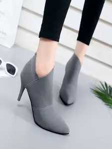 Pointed Toe Low Heel Elastic Boots, 8cm High Heels, Stretch Fabric Design, Perfect for Commuting & Dates, Slimming Short Boot Style
