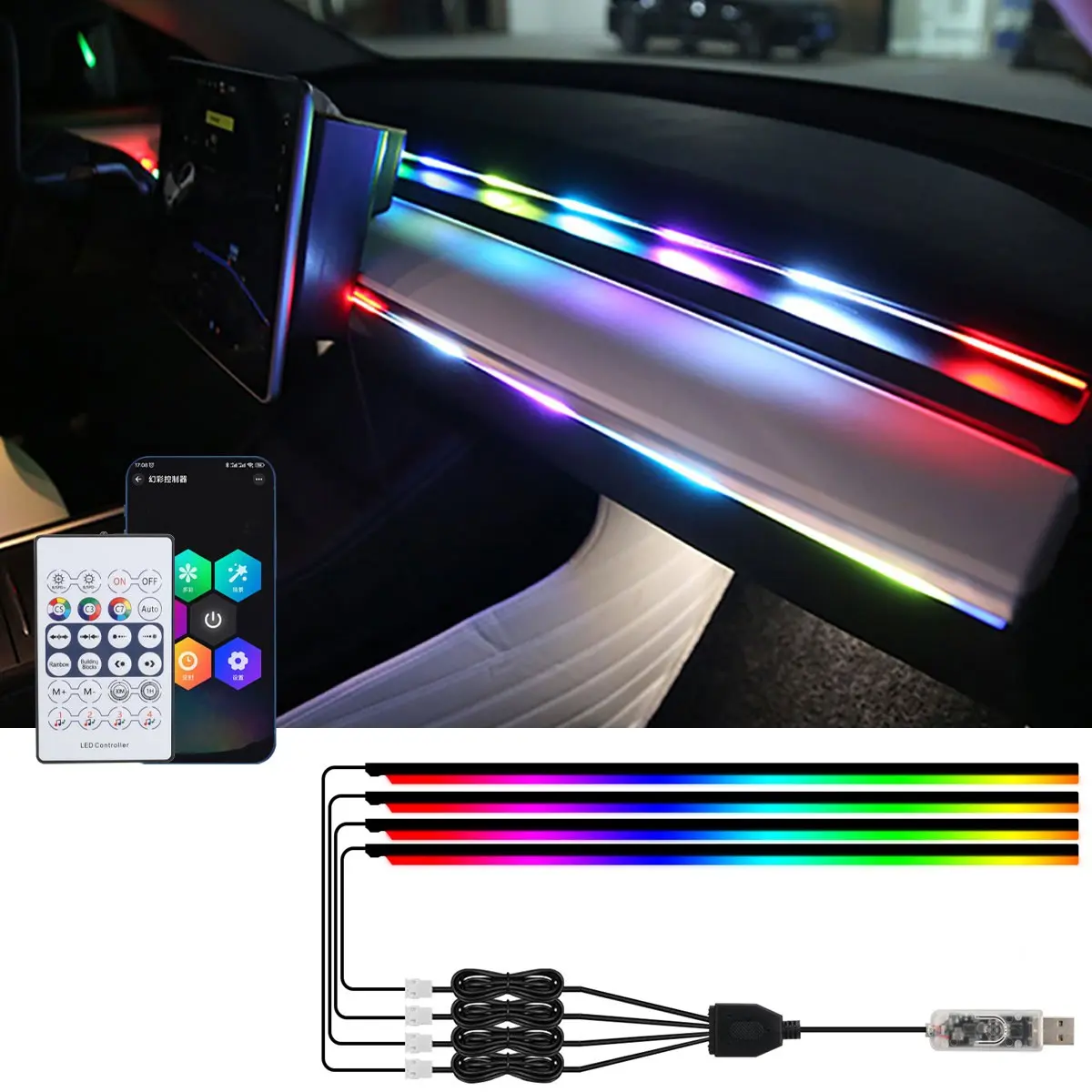 4-In-1 Colorful Atmosphere Light, Car Acrylic LED Strip, Car Interior Lighting, Dashboard Ambient Light, Floor Lamp, USB Powered, APP Remote Sound Control, Led Car Lights, Led Lights For Car