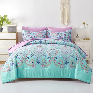 Comforter Set, 7 count Bed in a Bag, Boho Aqua and Lilac Damask Medallion Print Comforter with Sheets, Soft Microfiber Complete Bedding Set for All Season (Aqua, )