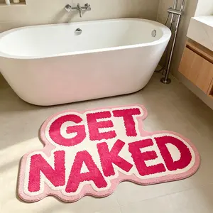 Funny "Get Naked" Irregular Carpet Rug, Pink & White Letter Design, Short‑pile Ultra‑Soft Non‑slip Machine Washable Floor Carpet Rug, Ideal For Bathroom, Bathtub Side & Humorous Bathroom Decor, Bathroom Rugs Washable