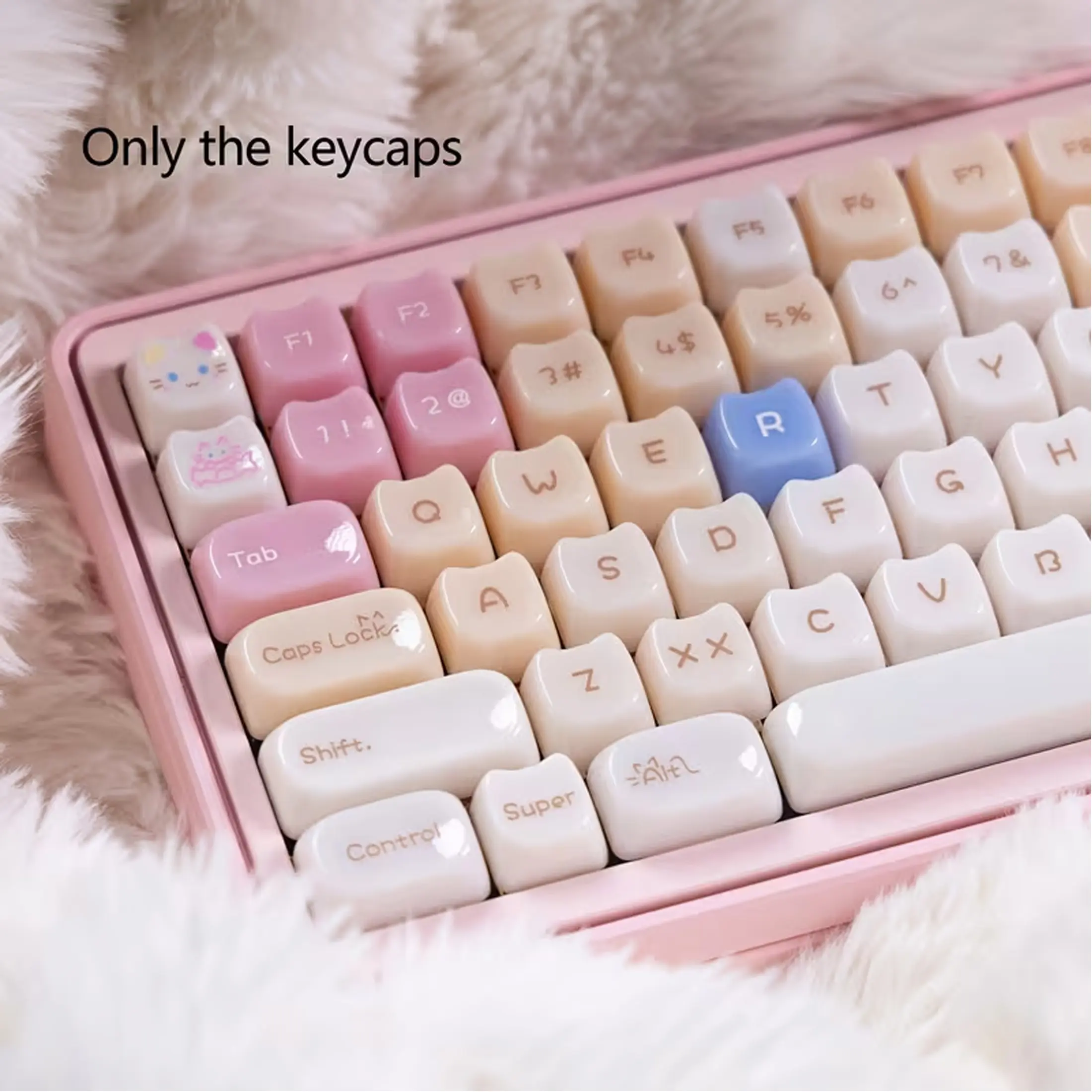 Candy Cat Keycaps, MAO Height, Cute Ragdoll Cat Keycaps, Smooth Surface, PC Light-transmitting Material, Front-printed Characters, Pink Theme, Compatible with 6.25U Space 61 68 75 84 87 98 99 100 104 108, Keyboard Keycap