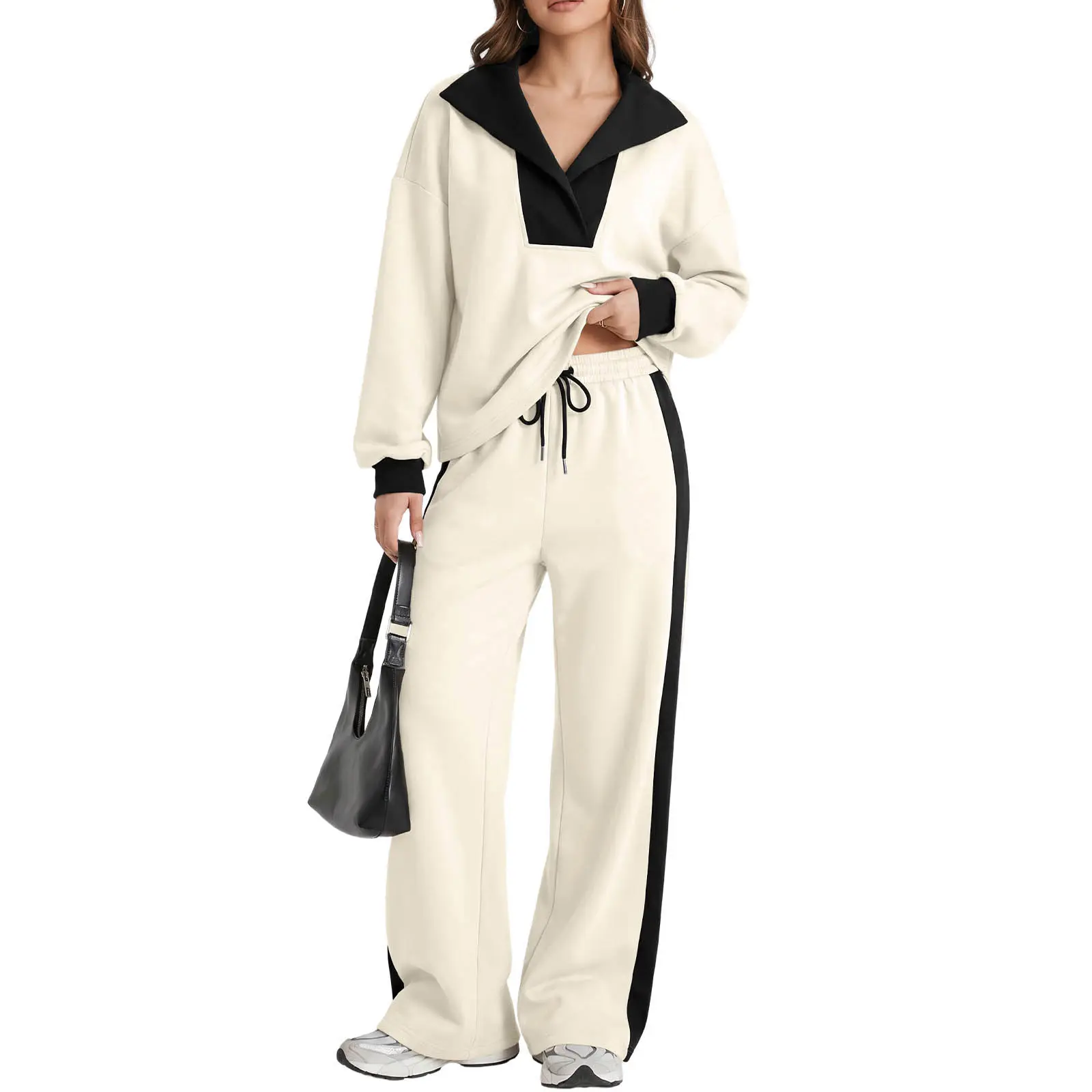 Aleumdr Women's 2-Piece Colorblock Tracksuit Set - Lapel Collared Long Sleeve Pullover Sweatshirt, Adjustable Elastic Straight Leg Jogger Sweatpants Outfit, Long Sleeve Shirt