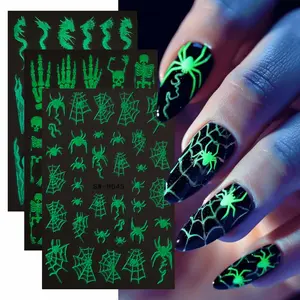 3pcs Night Glow Halloween Nail Art Stickers, 3D Fluorescent Spider Web Skull Dragon Flame Design, Self-Adhesive DIY Holiday Decoration