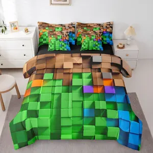 Pixelated Green Brown Blue 7 Piece Bedding Set ,Geometric Check Video Games Bed in a Bag for Boys Girls,Gamepad Grid Comforter Set with Sheets,Pillowcases & Cushion Cover Room Decor