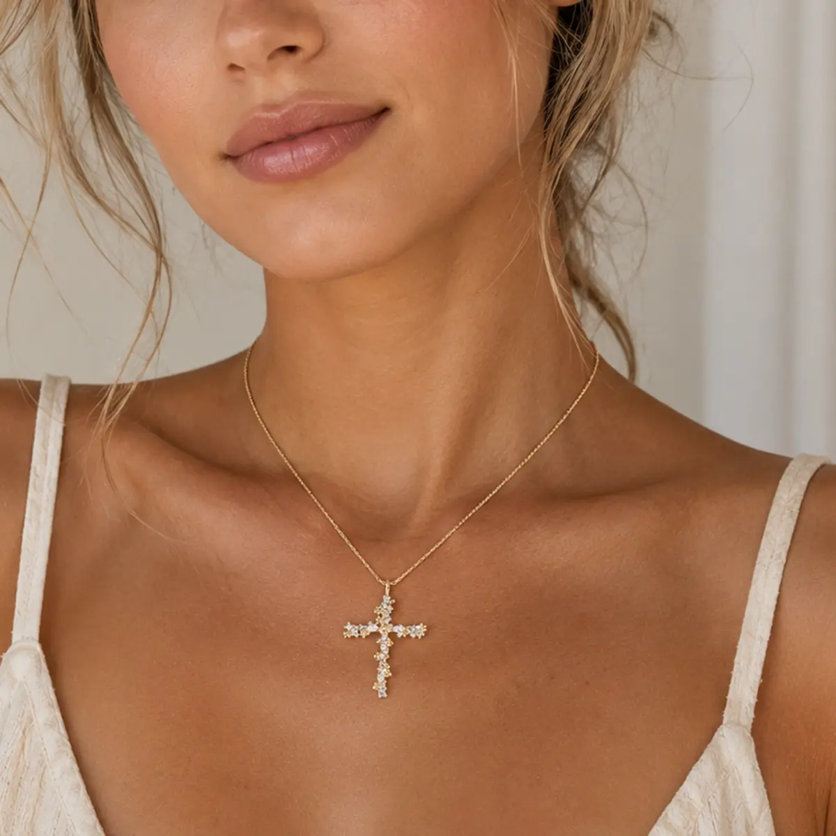 14K Gold Plated Flower Cross Necklace for Women, Sparkling Cubic Zirconia Faith Cross Pendant Necklace with Rope Chain, Hypoallergenic Christian Religious Jewelry Gifts for Birthday Wedding Communion