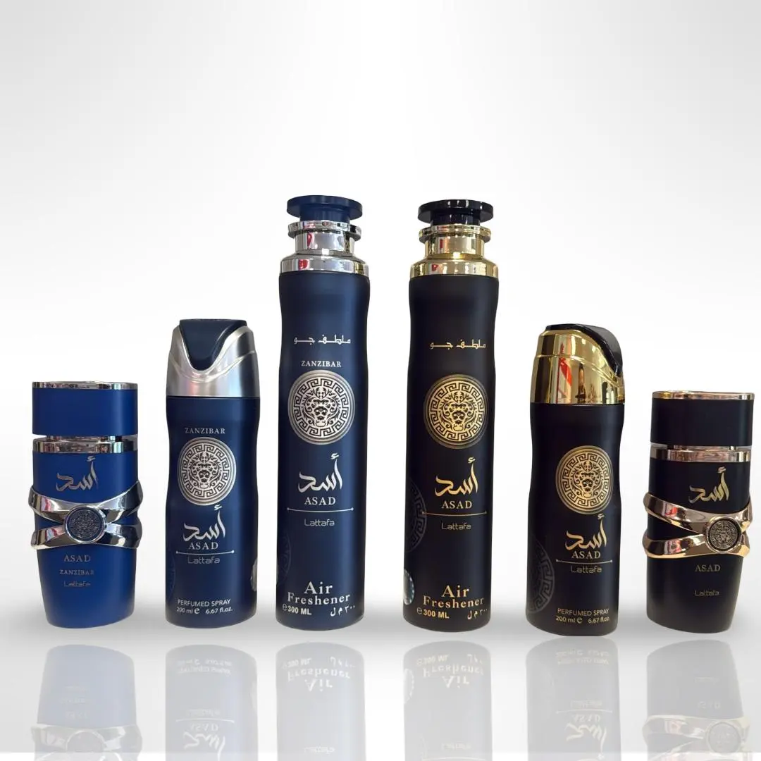 Lattafa 6-Pack Men's Tropical Scented Fragrance Bundle - Asad, Zanzibar, Deodorant, Room Aroma Air Freshener Products, Perfume, Aromatic Scents, Deodorizing Spray