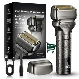 [TikTokShopStockUp]SHPAVVER Gladiator Shaver 2 in 1 Electric Shaver & Trimmer for Men – Dual Blade Foil Razor for Wet & Dry Use IPX7 Waterproof Beard Trimmer with LED Display/Metal Handle/Travel Lock/Fast Charging, Metallic Gray Glod