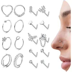 Fashion 18 Pcs 14K Gold Filled Hoop L Shape Nose Rings for Women Men Hypoallergenic Stainless Steel Nose Studs Cute Heart Square CZ Nose Bone Screw Nostril 18g 20g Piercing Jewelry for Daily Outings Christmas Gift
