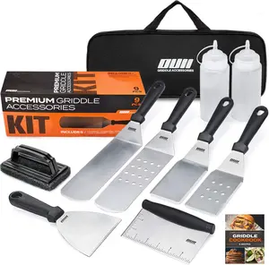 OUII Griddle Accessories Set for Blackstone & Camp Chef - 9 Pieces with Cleaning Kit & Carry Bag, Metal Spatula & Scraper for Hibachi & Teppanyaki Grill - Utensils Heavy Duty  Stainless Steel