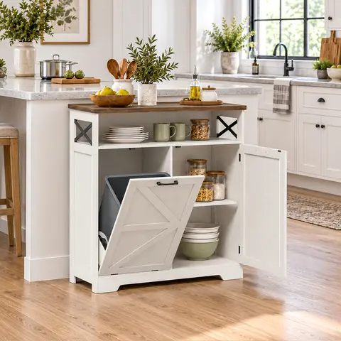 Vabches Sturdy Waterproof Farmhouse Kitchen Tilt Out Trash Can Storage Cabinet, Freestanding Hidden Garbage Bin Cabinet with Adjustable Inner Shelf, Open Countertop Shelves & Side Storage Cabinet for Dining Room
