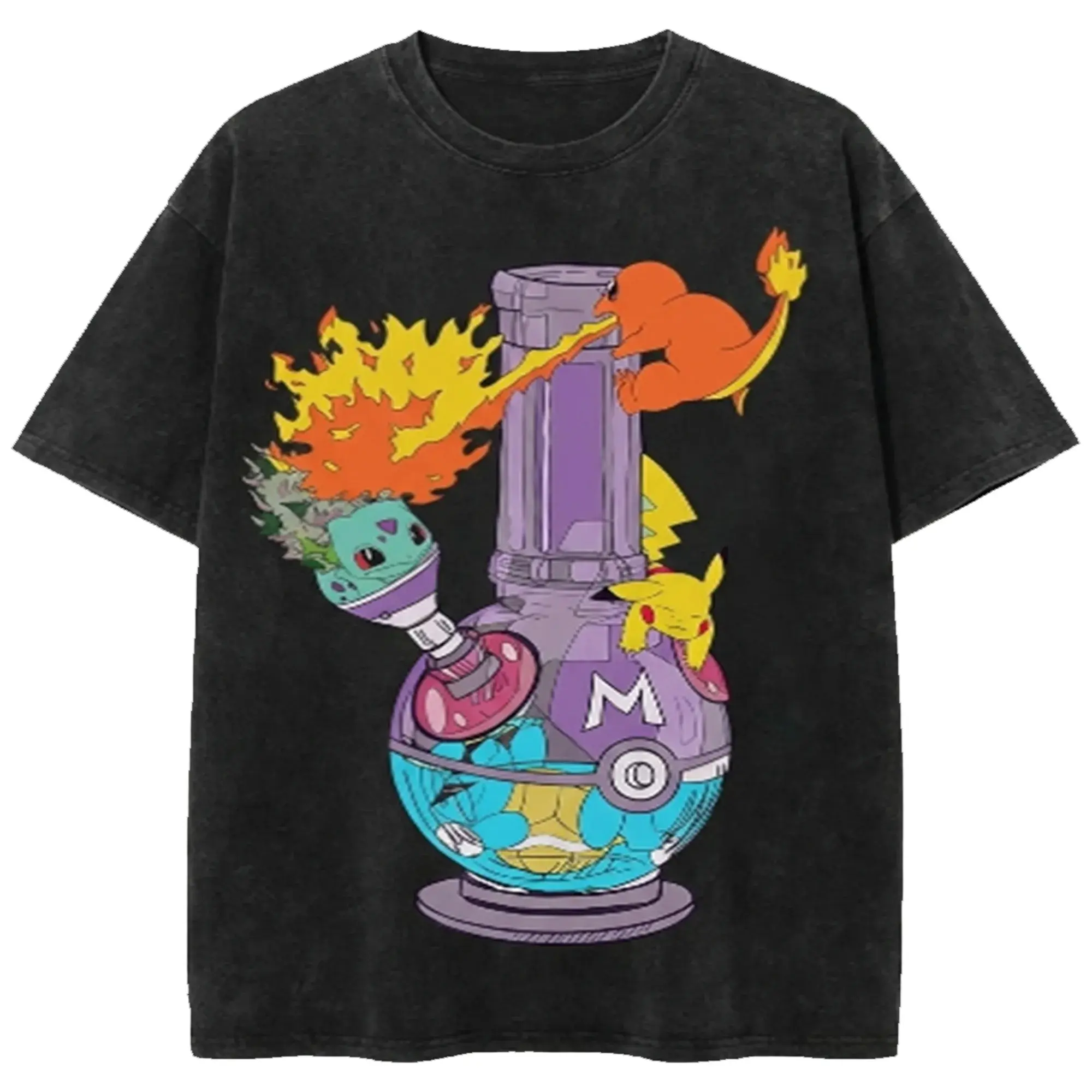 Squirtle, Charmander, Pikachu And Bulbasaur Vintage Washed Graphic T-Shirt, Retro Monster Cartoon Print Tee, Oversized Short Sleeve Streetwear Shirt, Casual Unisex Top