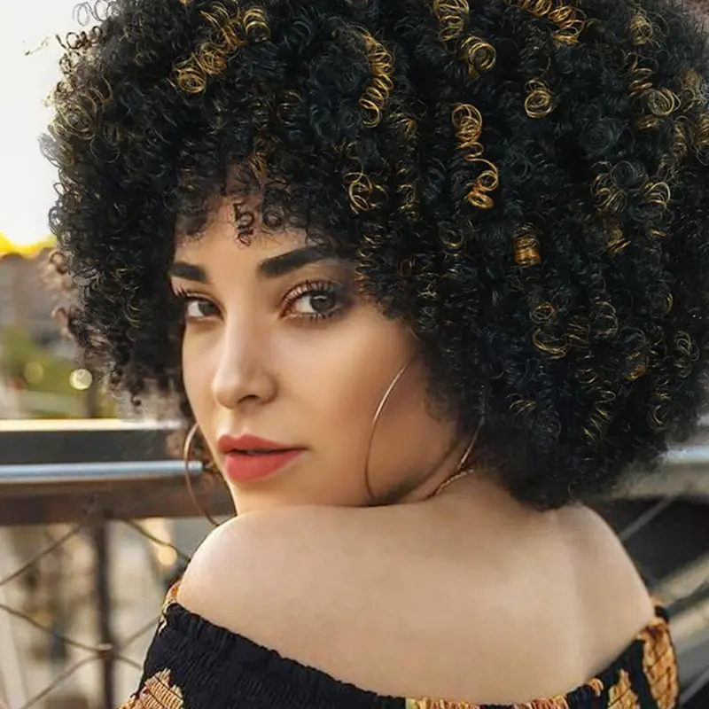 Short Afro Kinky Curly Hair Wigs with Bangs for Women, Highlight Synthetic Fiber Curly Bob Wigs for Daily Party Wear, Summer Vacation, Black Women Wigs