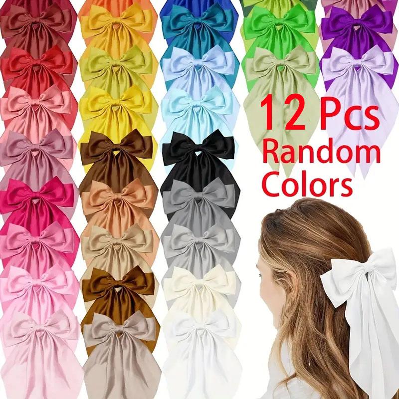 12PC Oversized Satin Hair Bows with Long Tail Ribbon French Barrettes for Women Girls Elegant Hair Accessories Bowknot Clips