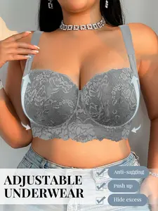1/3pcs Women's Plus Size Lace Adjustable Bra, Underwire Push-Up Anti-Sagging Breathable Slimming Bra, Medium Support, Cover Side Breasts Wide Straps, Comfort Daily Wear