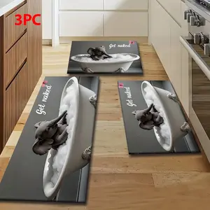 2/3 Piece Flannel Kitchen Mat Set, Cute Cartoon Elephant Design, Non-Slip, Absorbent, Ideal for Bathroom, Hallway, Entryway