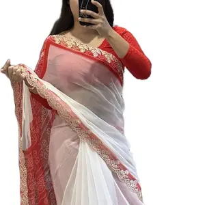 Women's Traditional Thread Work Georgette Fabric Saree - Red and White, with Fall and Pico, Matching Blouse, Fashionable Style Womenswear Accessories