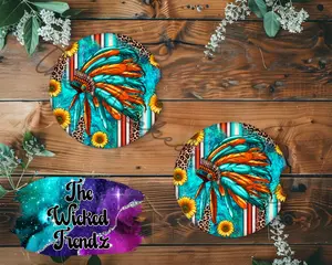 Cute Car Coasters Set of 2 Native American Headdress Western Pattern Cute Car Truck Accessories Decor Cup Holder New Car Gift Car Decoration Women Man
