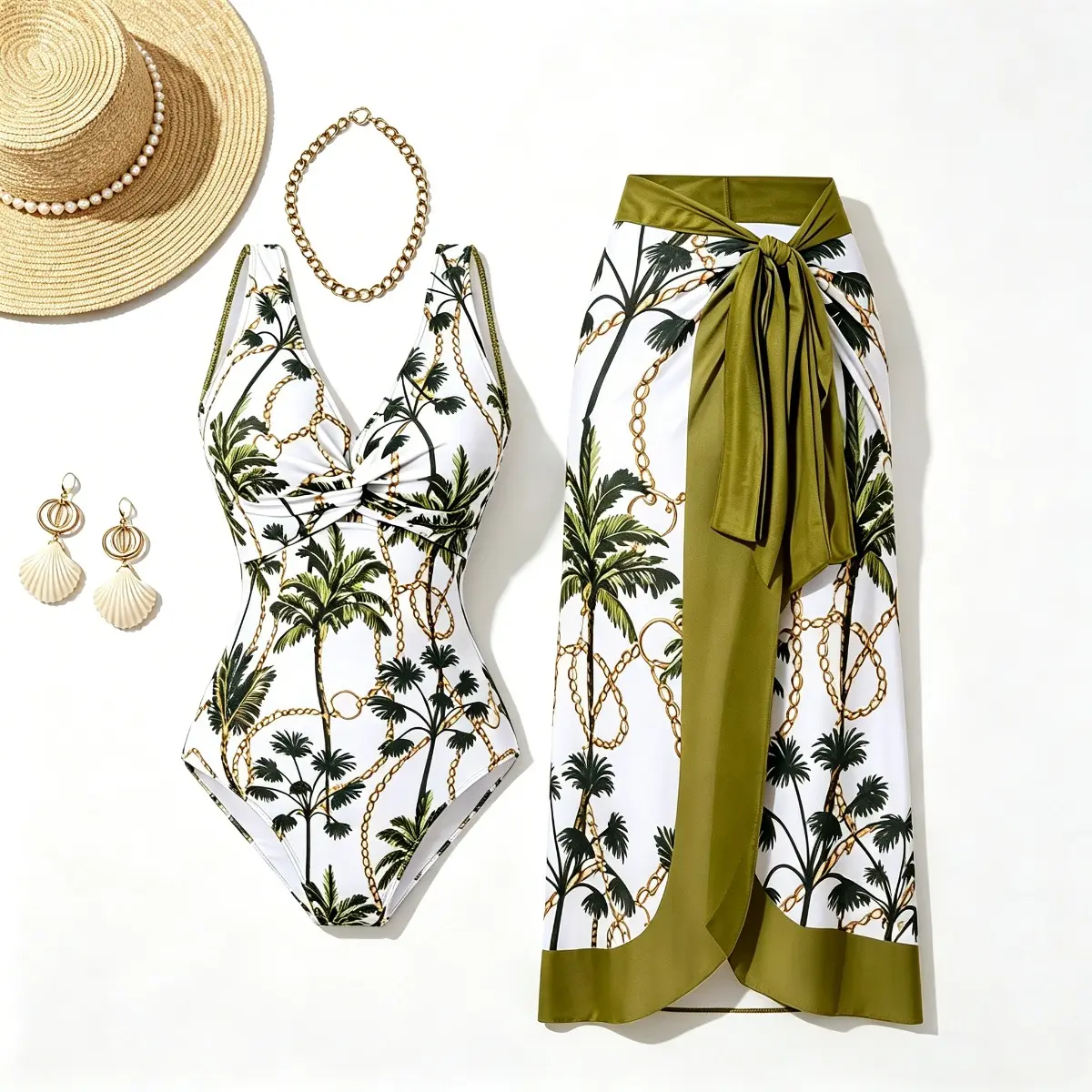 2026 Women's One-Piece Swimsuit Set with Coconut Tree Print, Jungle Retro Printed Two Piece Swimwear, Front Cross Twist Slimming One Piece Bathing Suit, Self Tie Contrast Trim Wrap Skirt Cover Up, Tropical Summer Beach Matching Outfit