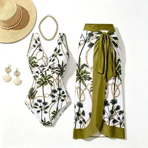 2026 Women's One-Piece Swimsuit Set with Coconut Tree Print, Jungle Retro Printed Two Piece Swimwear, Front Cross Twist Slimming One Piece Bathing Suit, Self Tie Contrast Trim Wrap Skirt Cover Up, Tropical Summer Beach Matching Outfit