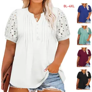 【L-4XL】Plus Size Curve imily bela curve Women's Plus Size Henley T Shirt Summer Lace Sleeve Tees Casual Pleated Flowy Tunic Tops