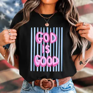 Women's Short Sleeve God Is Good Graphic Tee - Curly Hair Co Cute Christian Faith Bubble Letter Bible Shirt, Pink graphic tees
