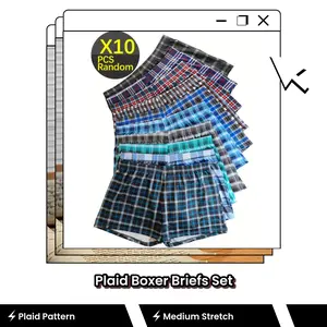 Random Set Of 10 Classic Plaid Print Boxer Shorts With Elastic Waist, Loose Fit, Breathable Fabric, Perfect For Everyday Home Wear