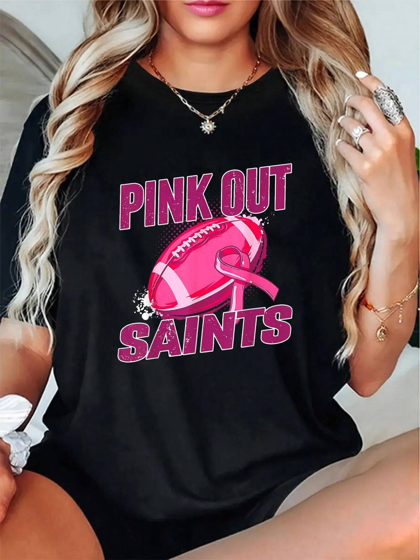 Unisex 100% Cotton Saints Pink Out Football Tackle Breast Cancer T-Shirt - Vintage Graphic Tee, Relaxed Fit, Gift Idea for Her