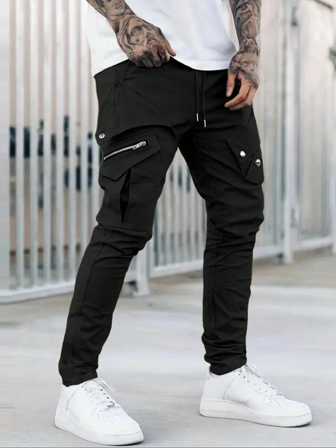 Men's Plain Zipper Flap Pocket Drawstring Waist Jogger Pants, Loose Street Trousers for Spring & Fall, Summer Outfits 2024 for Work, Streetwear Dripp